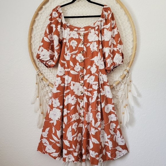 Linen Floral Square Neck Puff Sleeve Midi Dress /By Together sold by Lord&Taylor - Picture 3 of 11